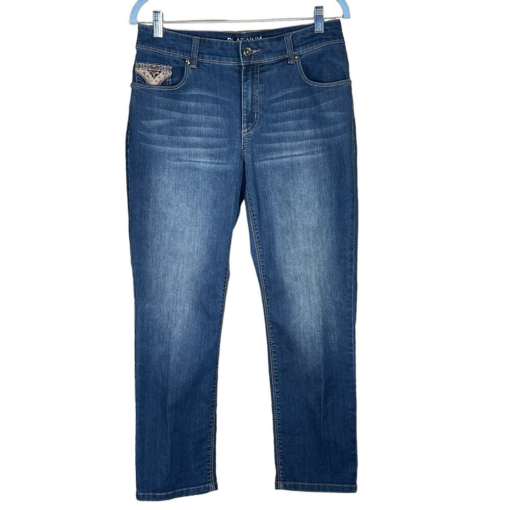 Chico’s Women’s Platinum Lace, Embroidery & Rhinestone Embellished Jeans 0.5 = 6